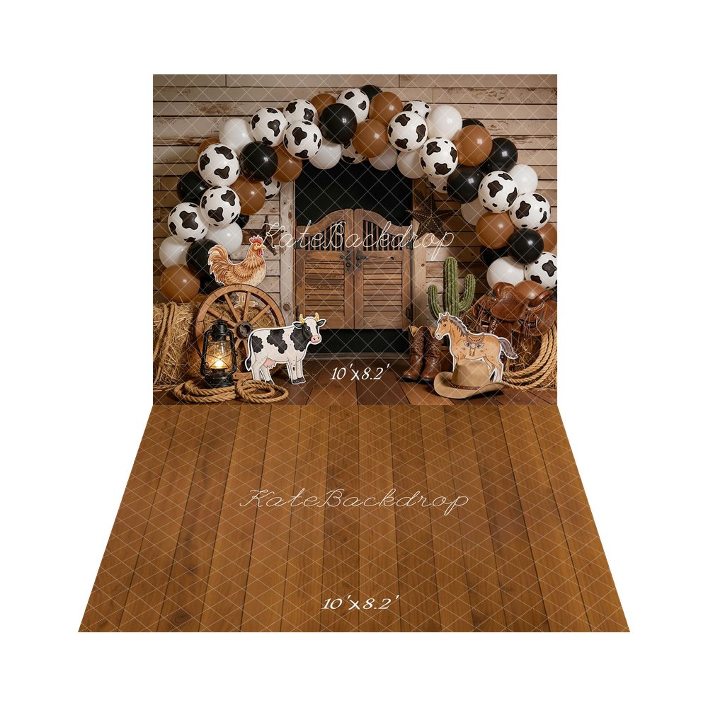 Kate Cake Smash Western Saloon Barn Cow Print Balloon Arch Farm Animals Backdrop+Brown Wooden Plank Retro Floor Backdrop