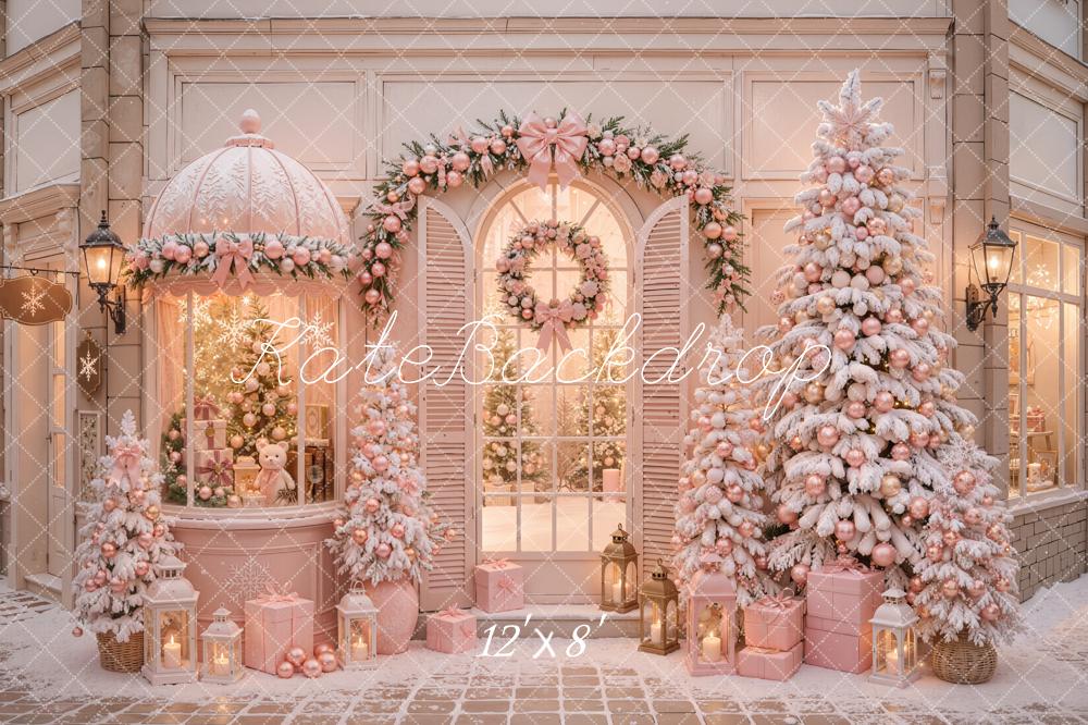 Kate Christmas Shop Pink Snowy Trees Garland Wreath Gift Boxes Printed Backdrop Designed by Emetselch