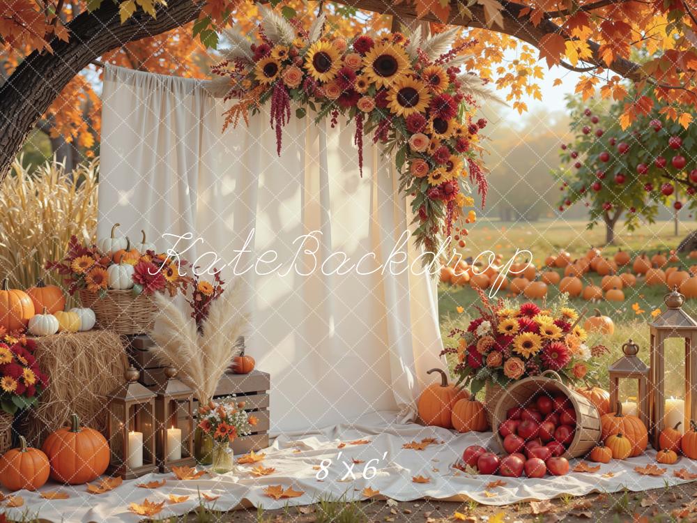 Kate Fall Sunflower Branch Arch Drapes Pumpkins Apples Lanterns Picnic Printed Backdrop Designed by Mini MakeBelieve