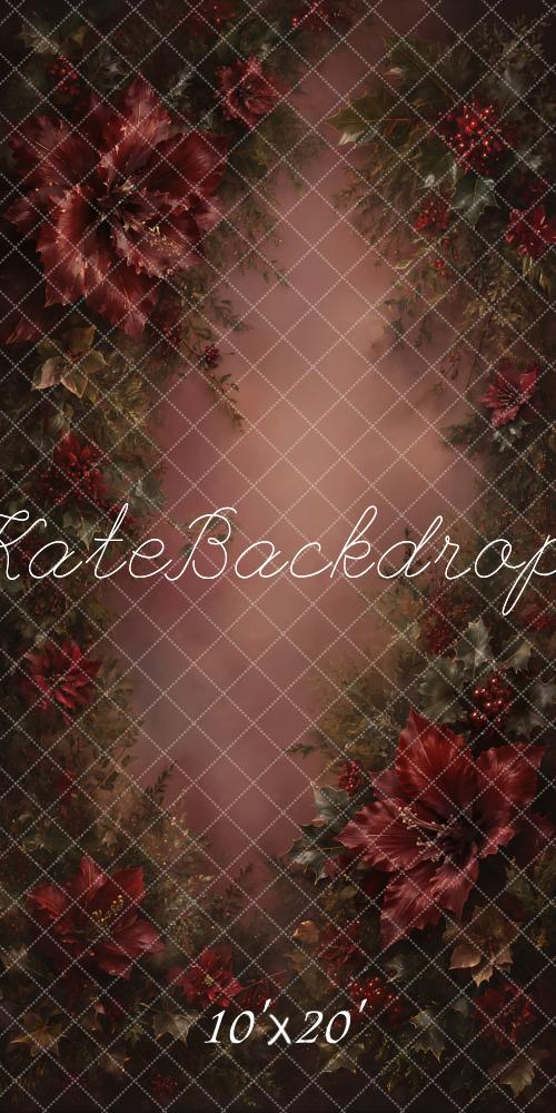 Kate Christmas Fine Art Burgundy Poinsettia Floral Printed Backdrop Designed by GQ