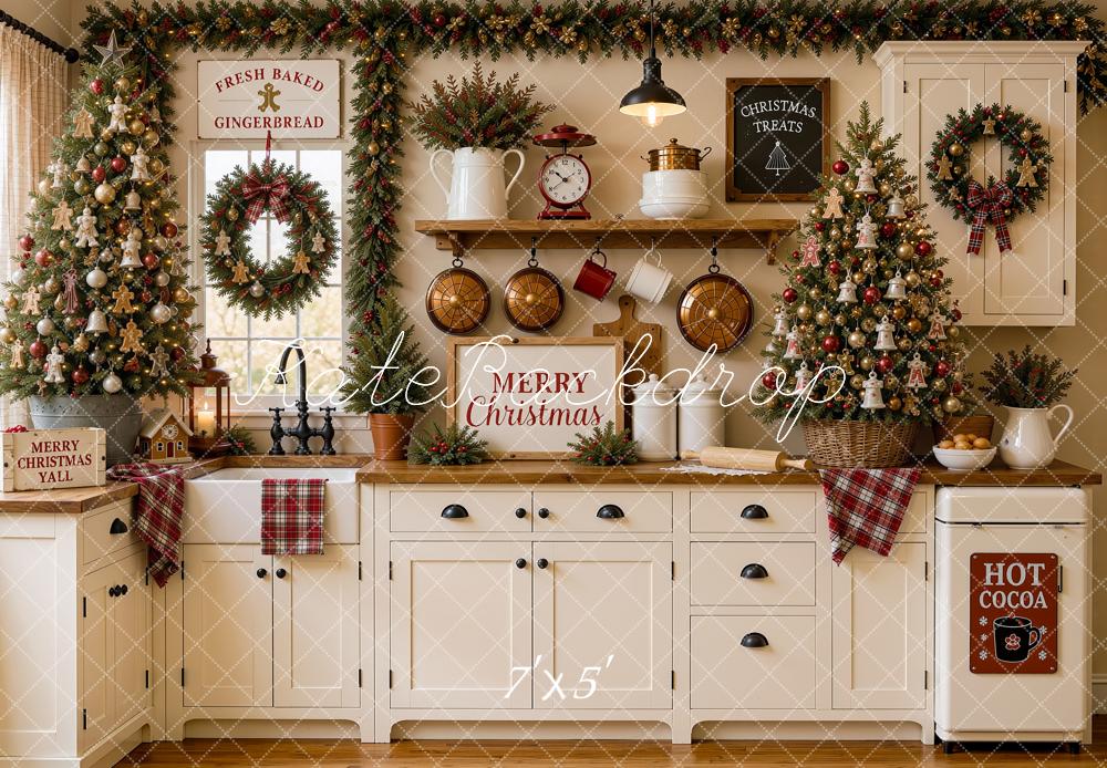 Kate Christmas Tree White Kitchen Cabinet Pan Baking Plaid Printed Backdrop Designed by Shutter Swan Studios