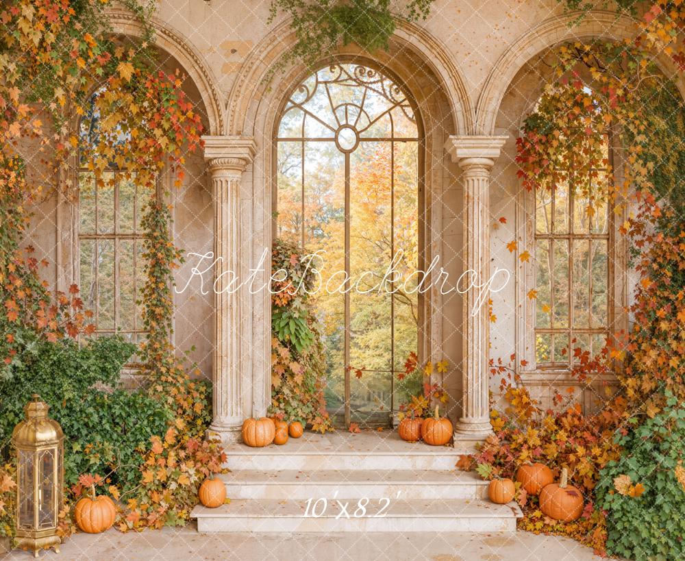 Fall Retro Arch Maple Leaves Pumpkin Backdrop Designed by Emetselch
