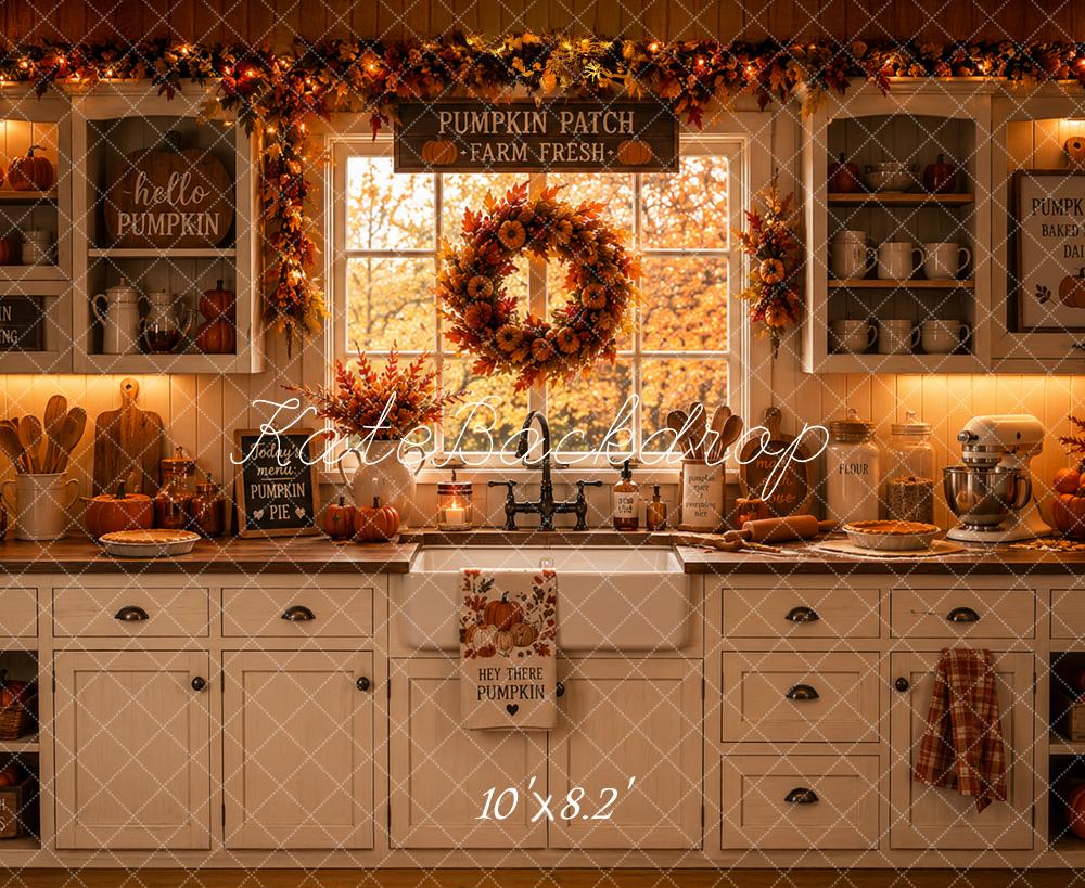 Kate Fall Pumpkin Farmhouse Kitchen Wreath Window Printed Backdrop Designed by Caitlin Lynch
