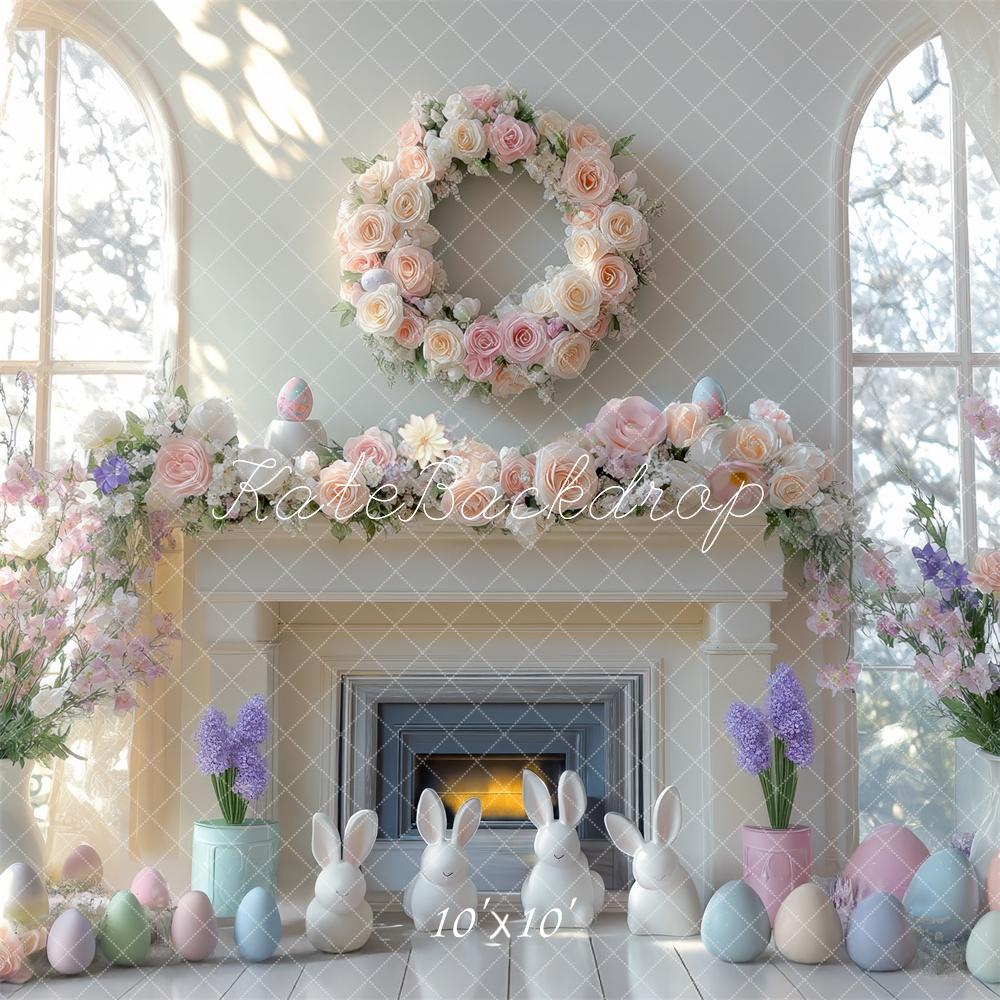 Kate Easter Fireplace Bunny Floral Wreath Backdrop Designed by Mini MakeBelieve