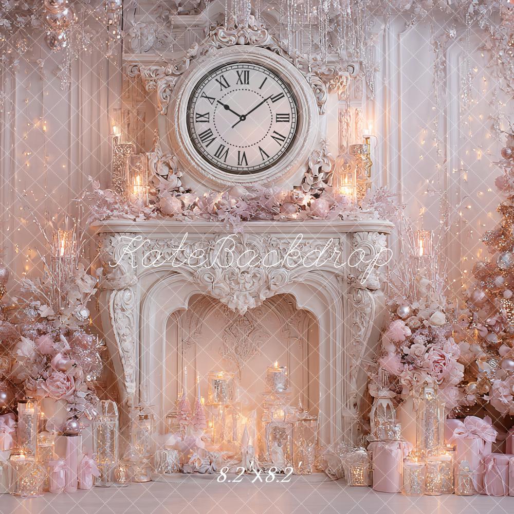 Kate Christmas Fireplace Clock Tree Candles Pink Backdrop Designed by Ashley Paul