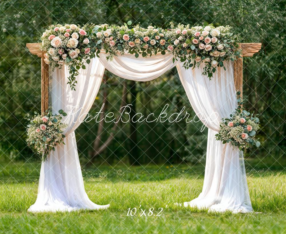 Kate Spring Floral Arch White Drapes Greenery Backdrop Designed by Chain Photography