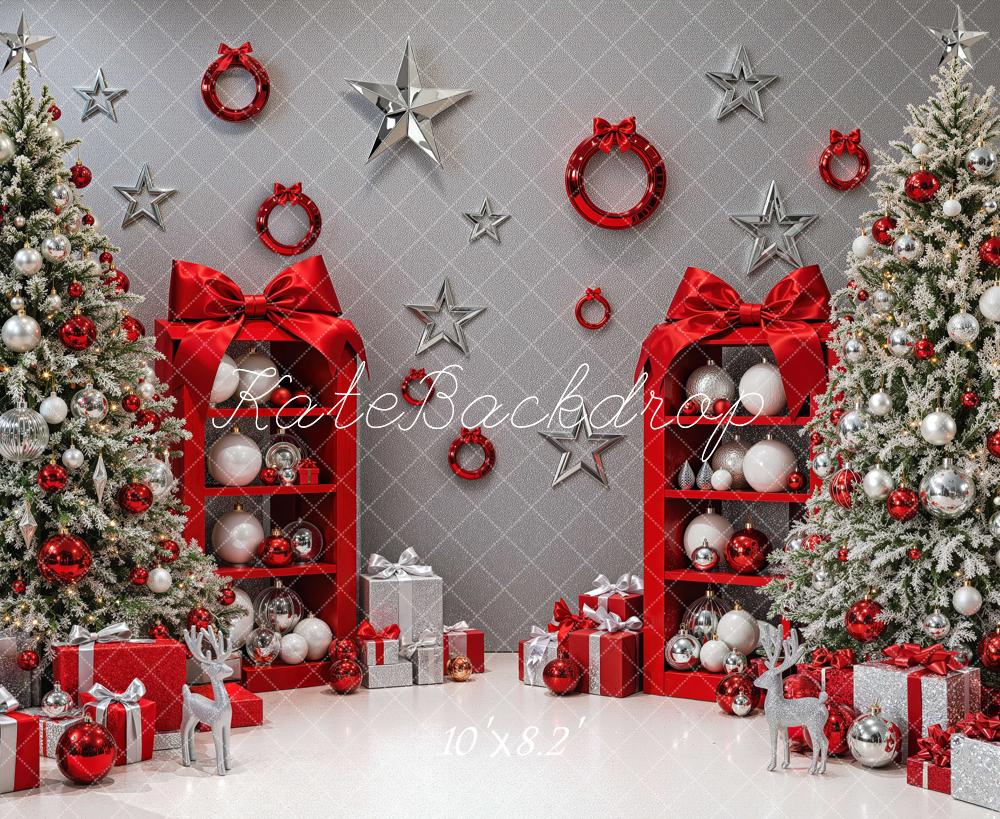 Kate Christmas Glitter Red Silver Trees Shelves Gift Boxes Printed Backdrop Designed by Mini MakeBelieve