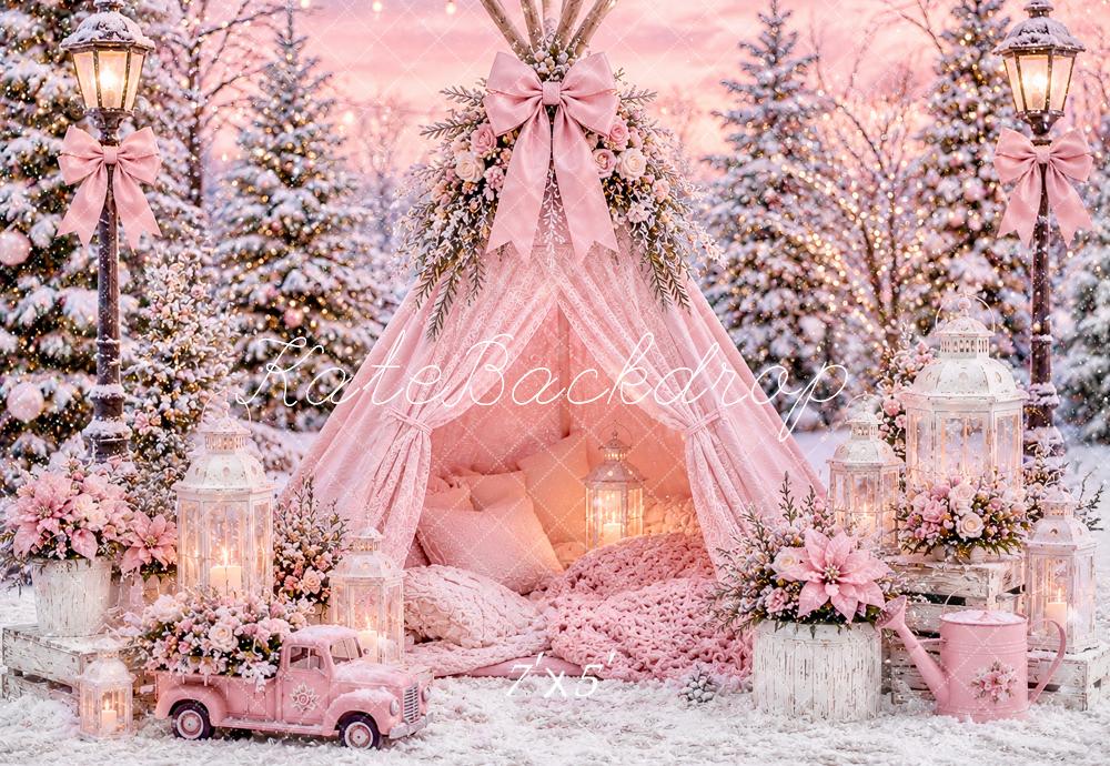 Kate Christmas Pink Floral Winter Teepee Snowy Forest Printed Backdrop Designed by Ashley Paul