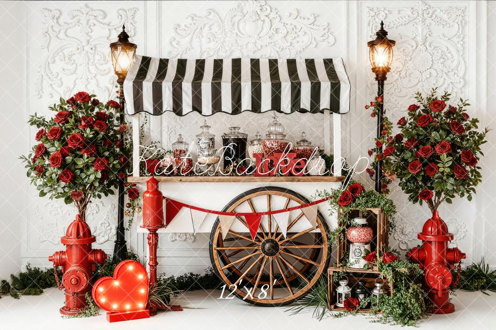 Kate Valentine's Day Candy Cart Red Roses Fire Hydrants Printed Backdrop Designed by Emetselch