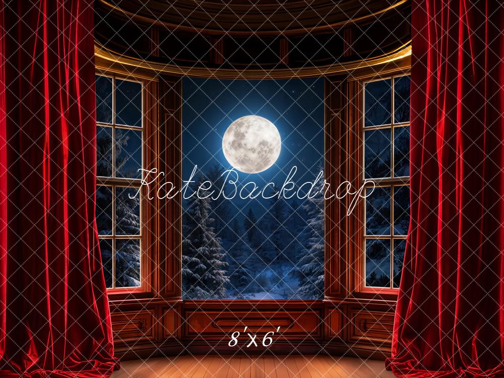 Kate Christmas Full Moon Night Window Red Curtains Snowy Trees Backdrop Designed by Emetselch