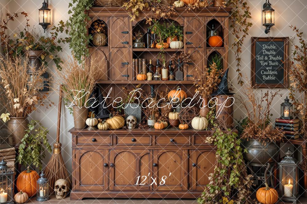 Kate Halloween Witches Hutch Gothic Cabinet Pumpkins Cauldron Printed Backdrop Designed by Mini MakeBelieve