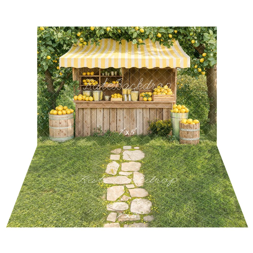Kate Summer Lemonade Stand Yellow Lemons Wooden Market Printed Backdrop+Spring Stone Path In Green Grass Floor Printed Backdrop