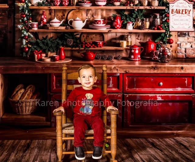 Kate Christmas Kitchen Shelf Red Cabinet Rustic Brick Wall Backdrop Designed by Emetselch