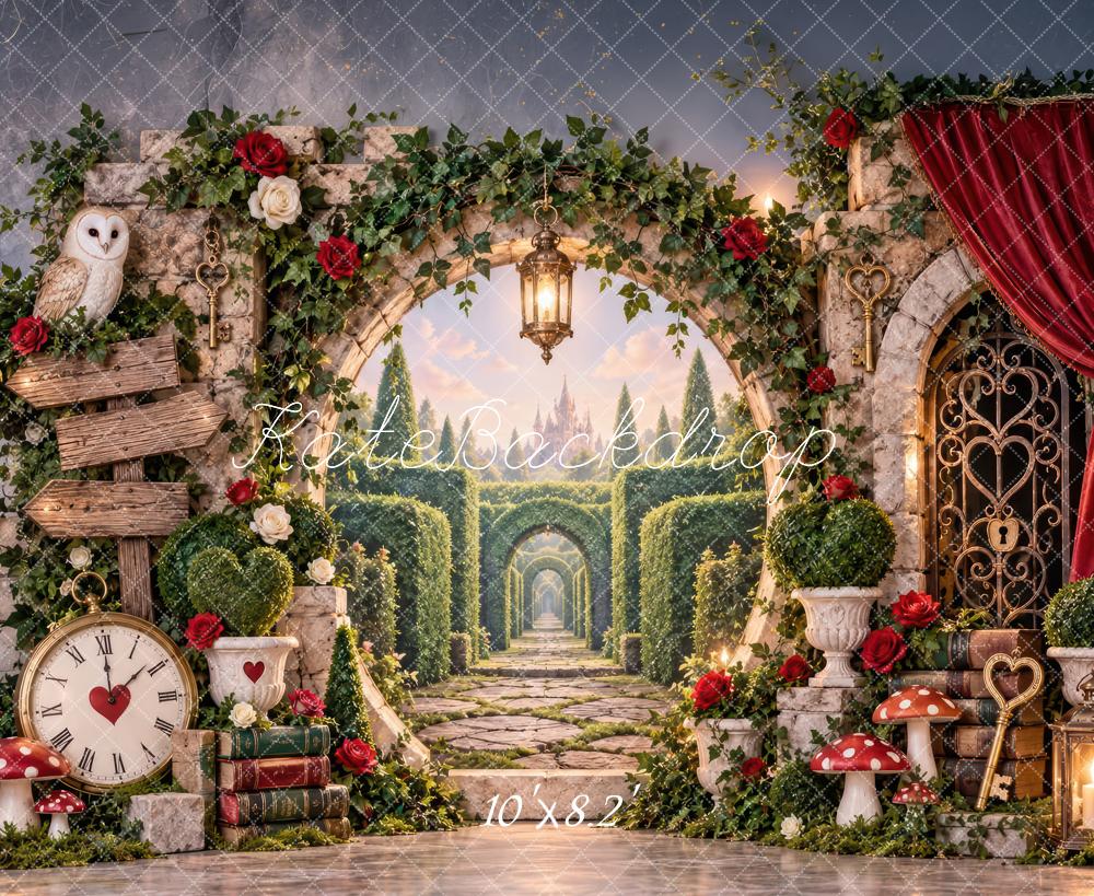 Kate Fantasy Garden Magical Labyrinth Stone Arch Red Curtain Printed Backdrop Designed by Laura Bybee