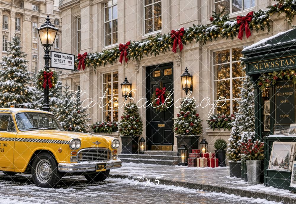 Kate Christmas Urban Snowy City Street Vintage Building Yellow Taxi Printed Backdrop Designed by Patty Roberts