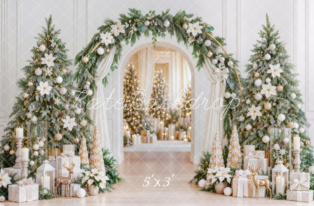 Kate Christmas Poinsettia Greenery Arch Decorated Trees Printed Backdrop Designed by Mini MakeBelieve