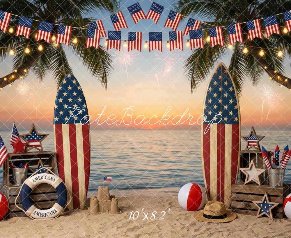 Kate 4th Of July Beach Surfboards American Flags Printed Backdrop Designed by Patty Roberts
