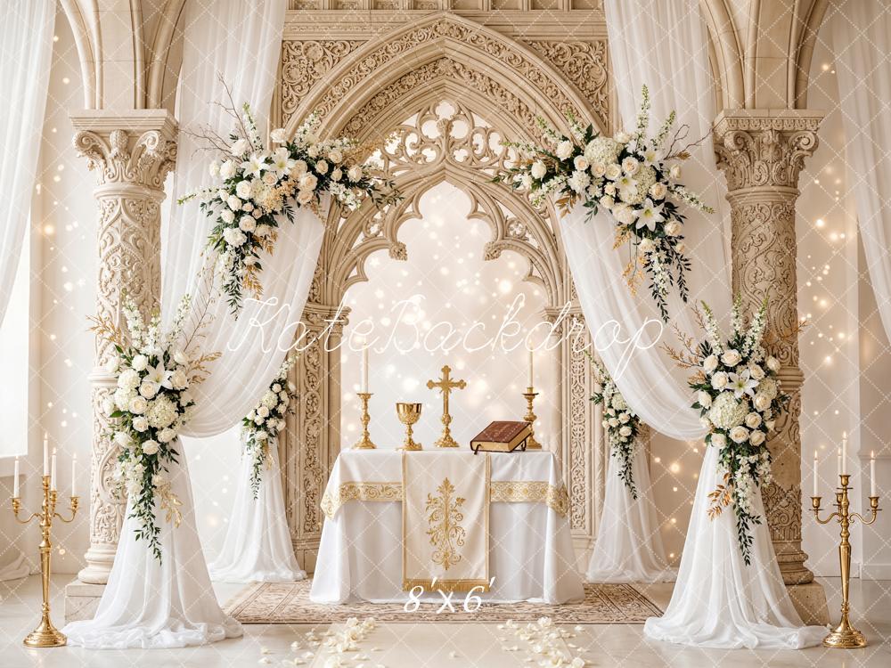 Kate Mother's Day Floral Arch Ornate Columns Altar Printed Backdrop Designed by Chain Photography
