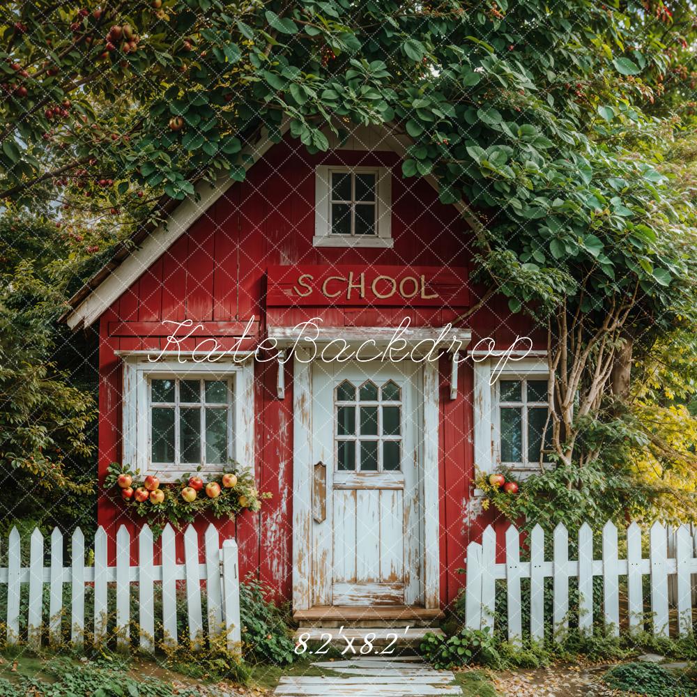 Kate Back to School White Fence Red Cottage Backdrop Designed by Emetselch