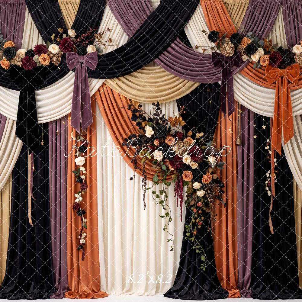Kate Fall Drapery Floral Swag Black Orange Printed Backdrop Designed by Patty Roberts