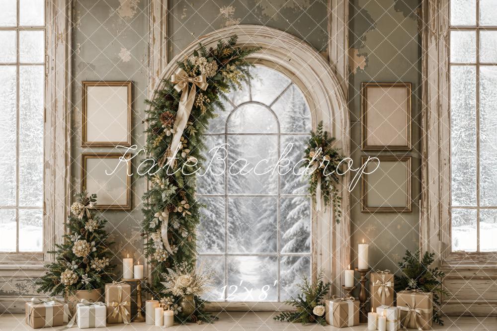 Kate Christmas Vintage Evergreen Garland Arch Snowy Window Printed Backdrop Designed by Emetselch