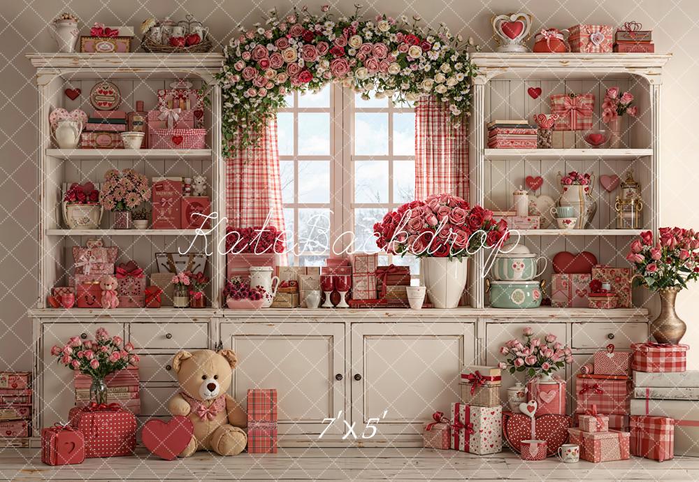 Kate Valentine's Day White Shelf Red Gift Flowers Window Backdrop Designed by Emetselch