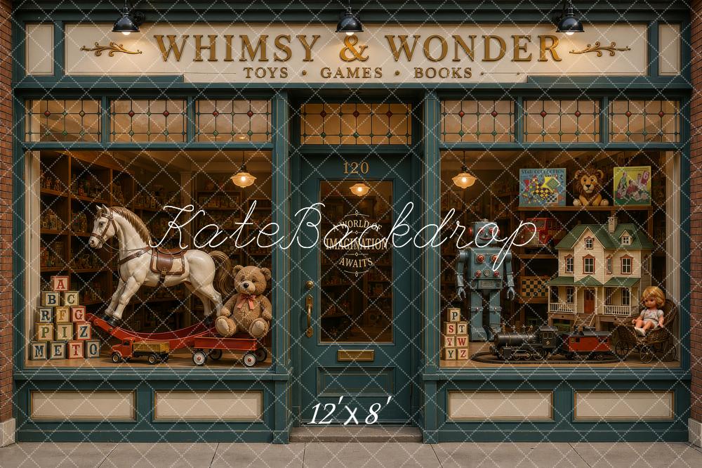 Kate Vintage Toy Store Rocking Horse Robot Dollhouse Window Printed Backdrop Designed by Ashley Ward