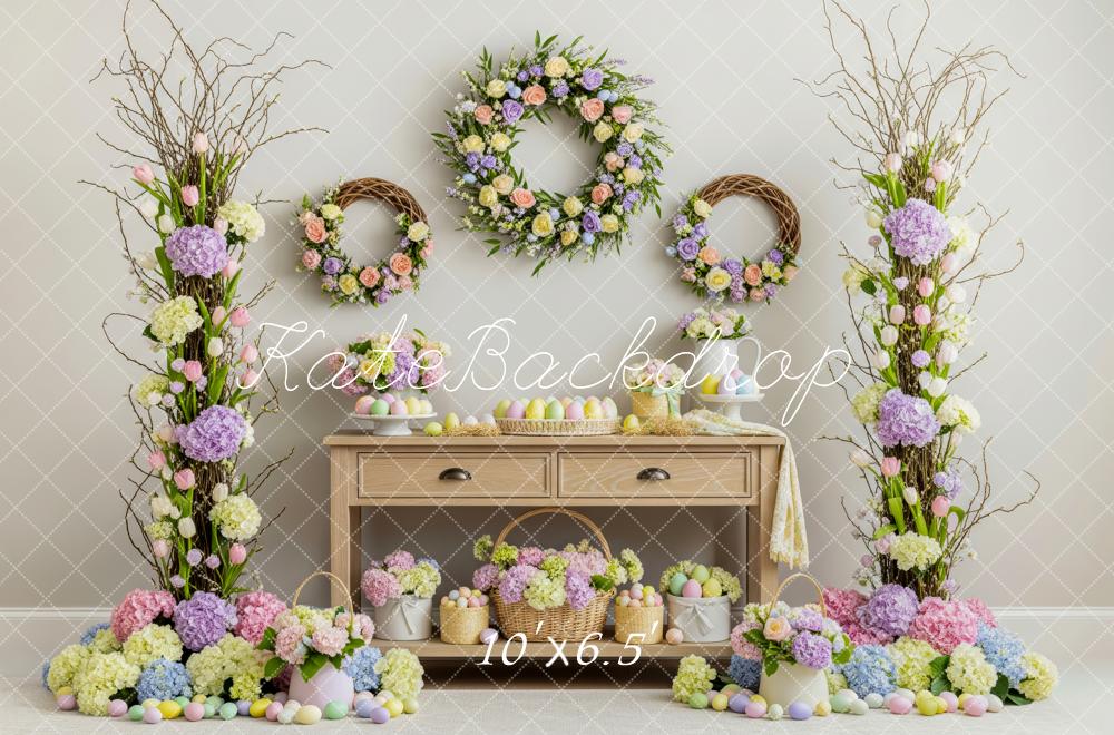 Kate Easter Flower Arch Wreath Pastel Eggs Table Printed Backdrop Designed by Patty Roberts