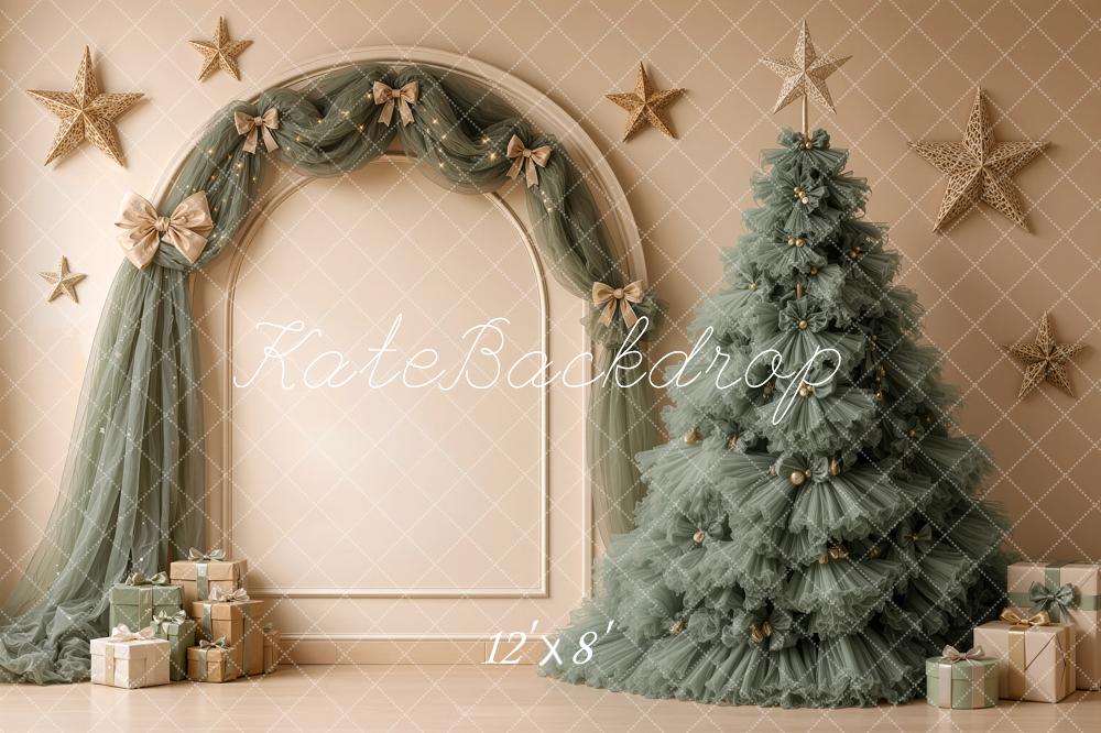 Kate Christmas Green Tulle Tree Arch Drapes Stars Gifts Printed Backdrop Designed by Shutter Swan Studios