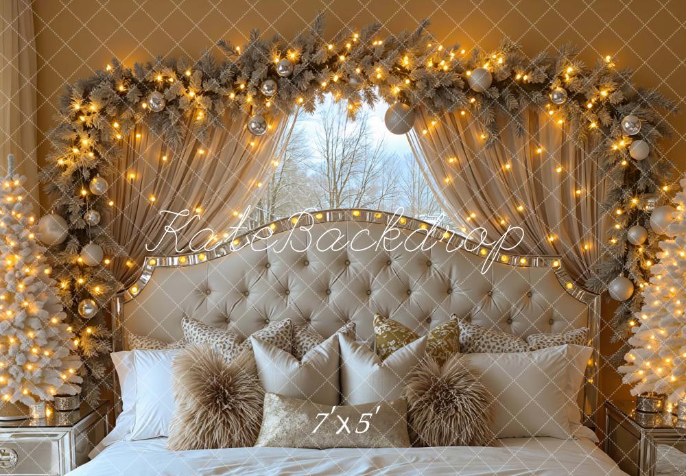Kate Christmas Tufted Headboard Garland Lights Beige Backdrop Designed by Mini MakeBelieve