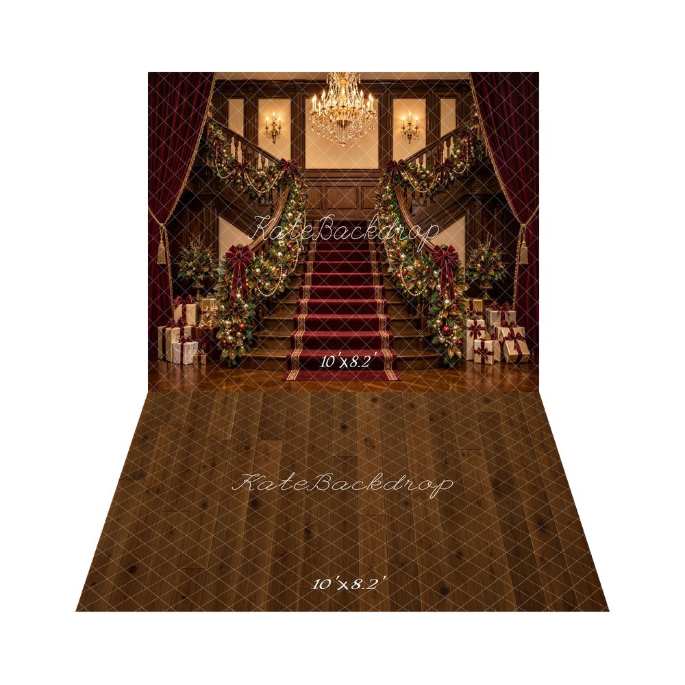 Kate Christmas Grand Staircase Chandelier Garland Printed Backdrop+Brown Wood Panel Floor Printed Backdrop