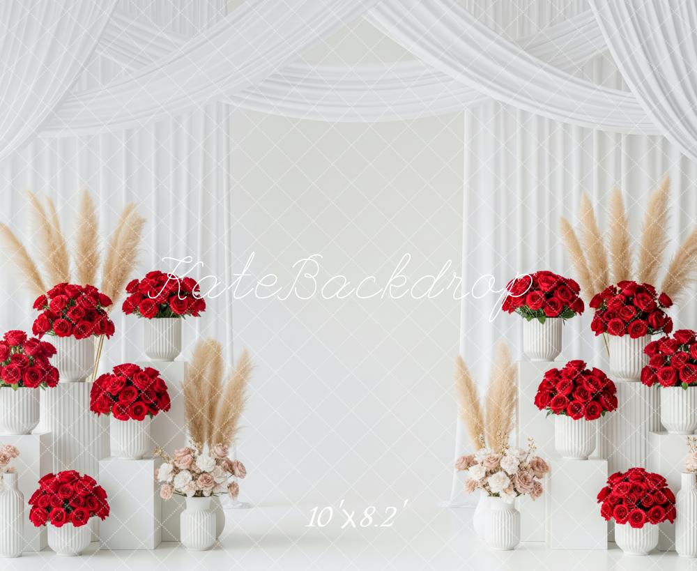 Kate Mother's Day Red Roses Pampas Grass White Pedestals Backdrop Designed by Patty Roberts