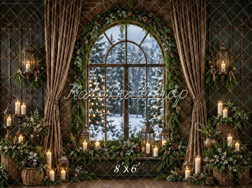 Kate Christmas Arched Window Candle Evergreen Garland Printed Backdrop Designed by Emetselch