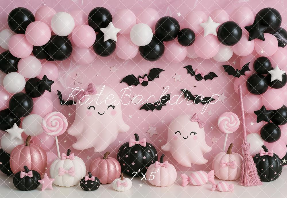 Kate Halloween Cake Smash Pink Ghost Balloons Backdrop Designed by Ashley Paul