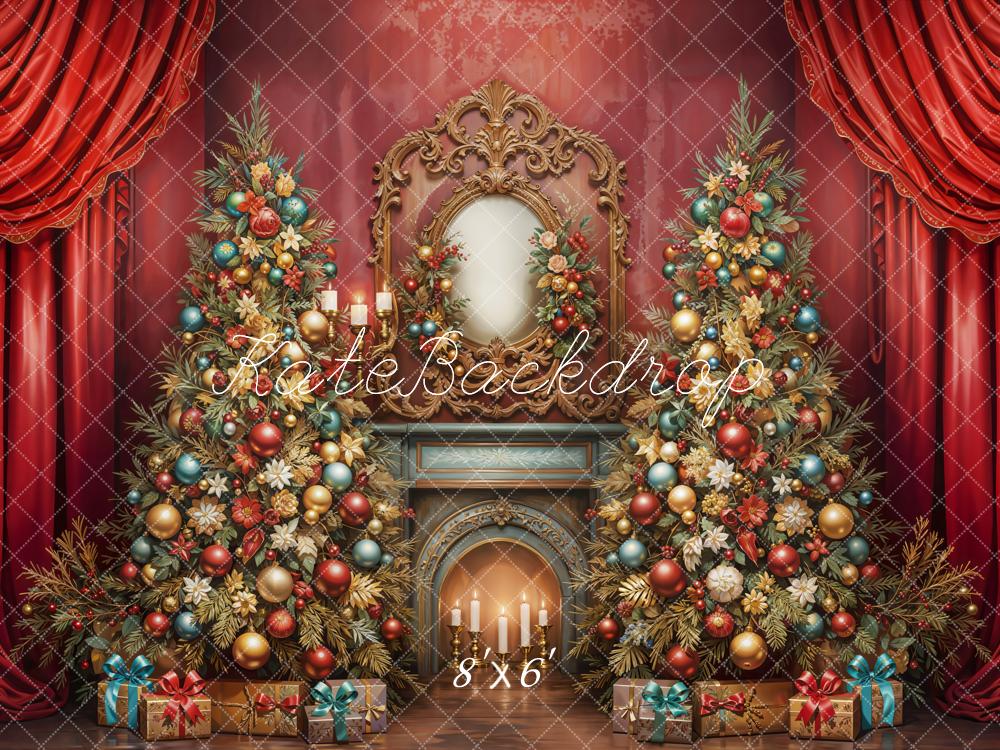 Kate Christmas Vintage Fireplace Mirror Trees Red Curtains Backdrop Designed by Emetselch