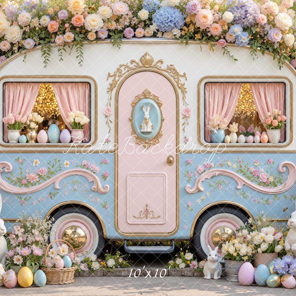 Kate Easter Camper Bunny Flower Arch Printed Backdrop Designed by Mini MakeBelieve