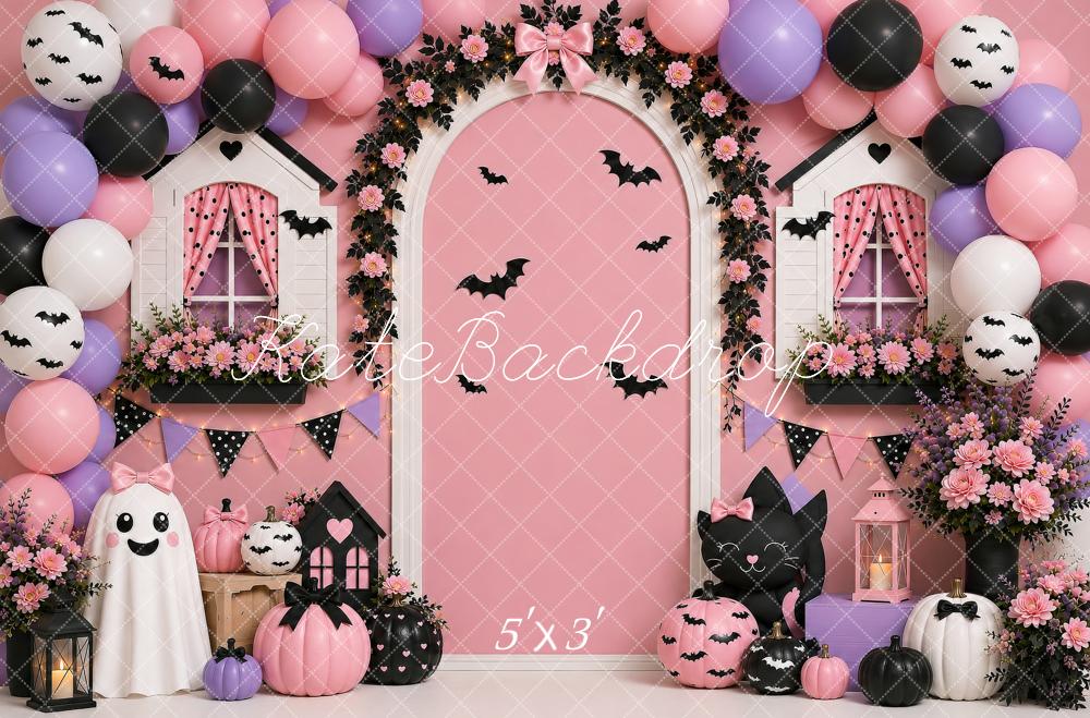 Kate Halloween Party Pink Balloon Floral Arch Cute Ghost Printed Backdrop Designed by Shutter Swan Studios