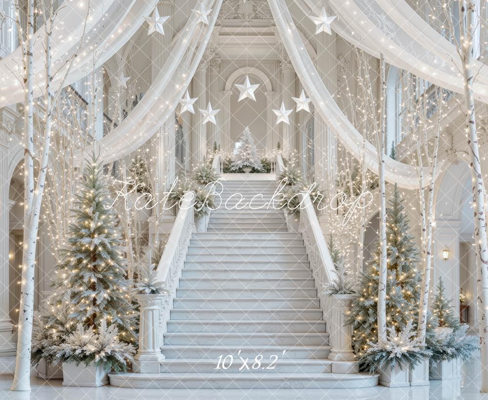 Kate Christmas Winter Wonderland Staircase Christmas Trees White Printed Backdrop Designed by Mini MakeBelieve