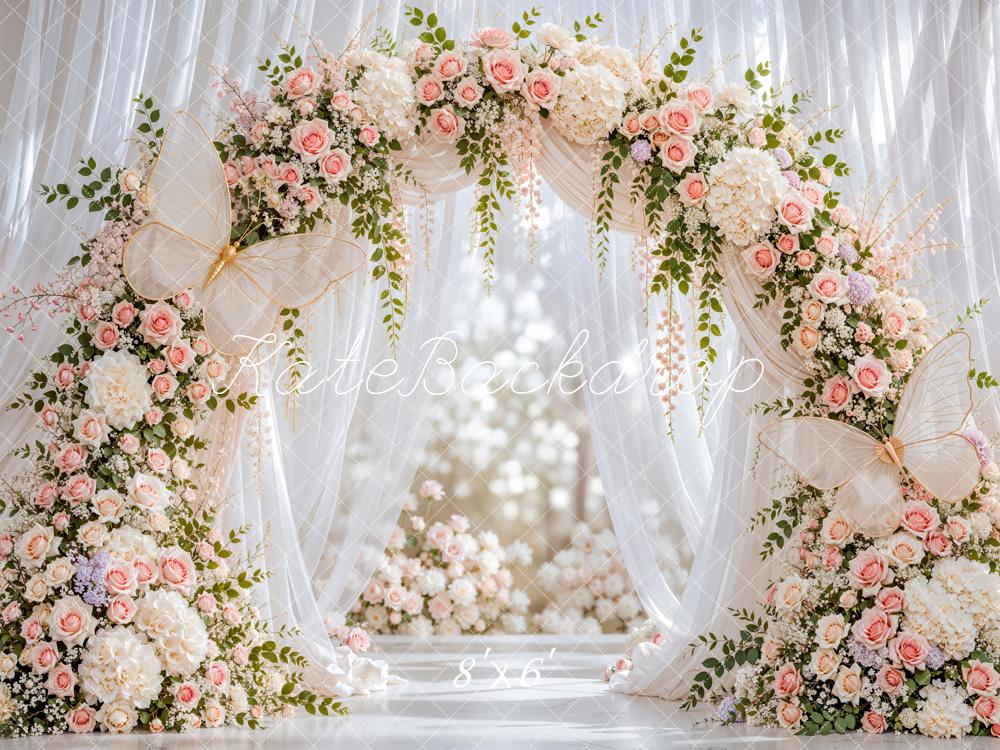 Kate Spring Flower Arch Butterfly White Sheer Drapes Printed Backdrop Designed by Emetselch
