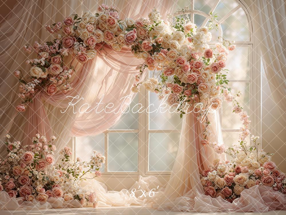 Kate Spring Flower Arch Blush Roses Drapes Window Printed Backdrop Designed by Emetselch