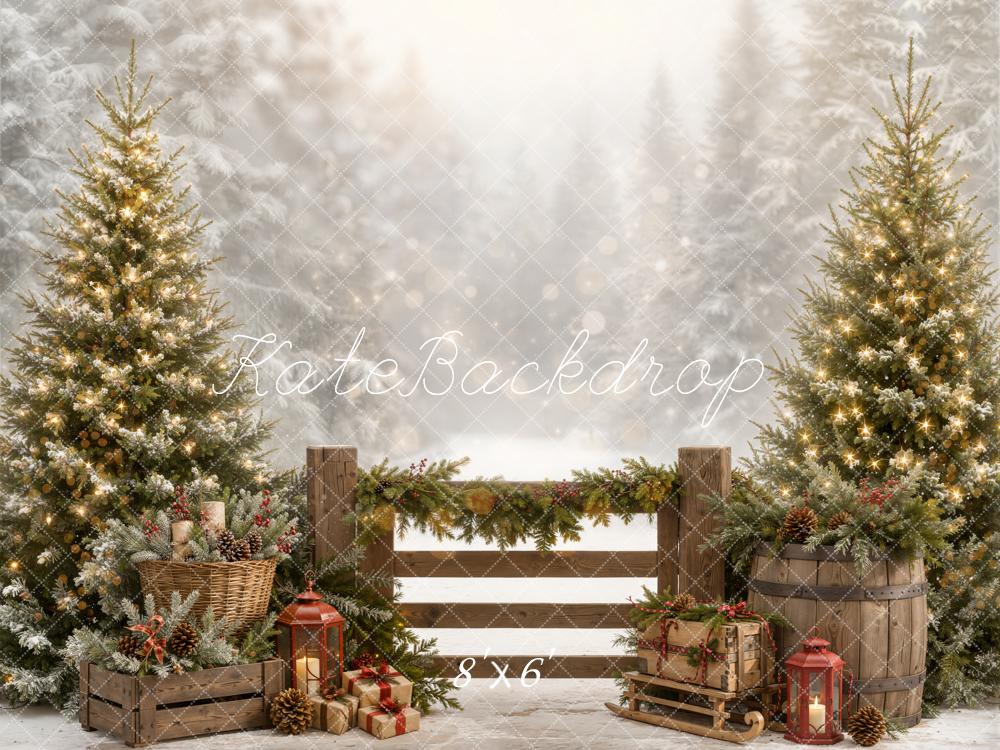 Kate Christmas Pine Trees Wooden Fence Garland Gifts Lantern Snow Printed Backdrop Designed by Emetselch