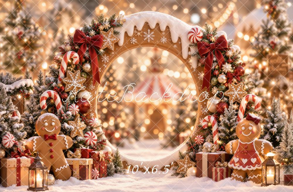 Kate Christmas Gingerbread Circle Arch Candy Cane Snowy Printed Backdrop Designed by Emetselch