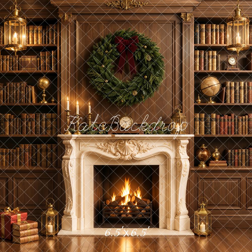 Kate Christmas Fireplace Retro Library Bookshelves Wreath Printed Backdrop Designed by Emetselch