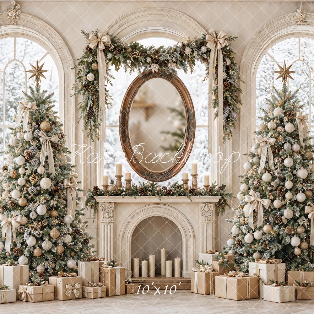 Kate Christmas Vintage Fireplace Window Christmas Tree Gifts Printed Backdrop Designed by Emetselch