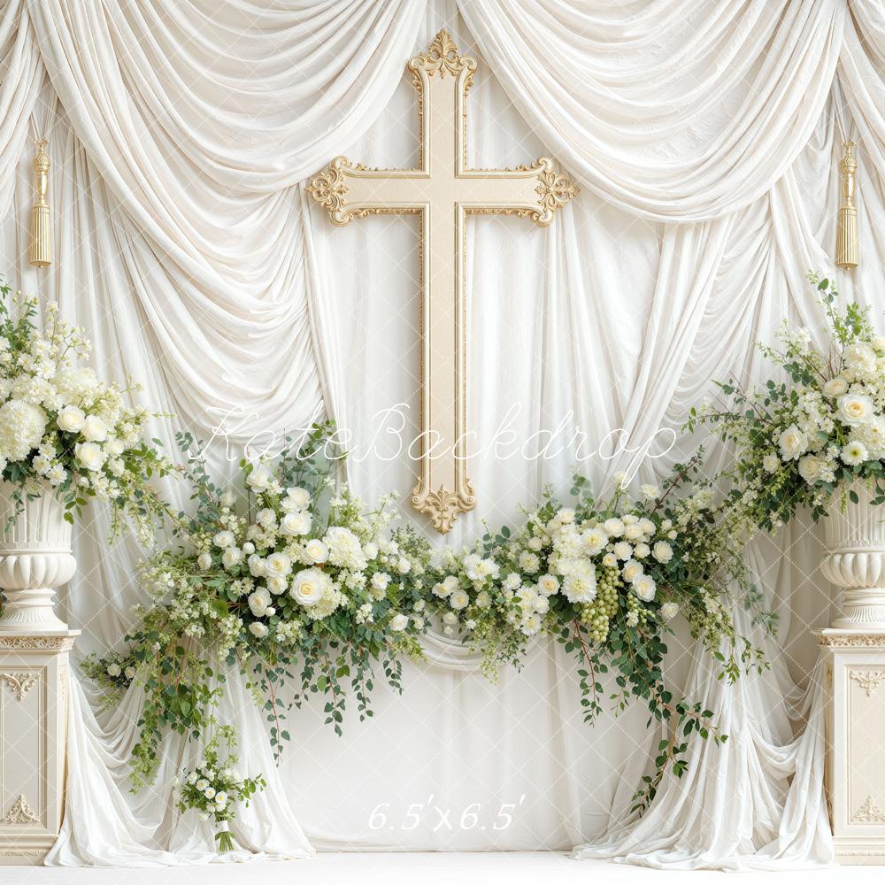 Kate Church Wedding White Drapery Cross Floral Columns Printed Backdrop Designed by Mini MakeBelieve