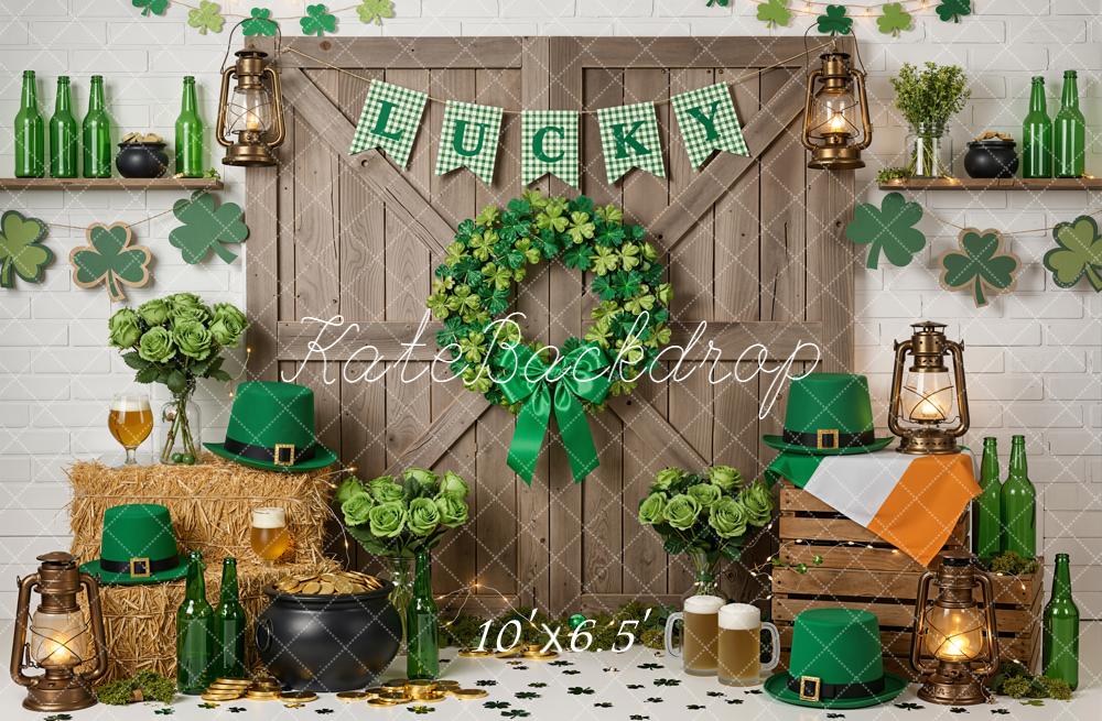 Kate St. Patrick's Day Shamrock Wreath Door Lanterns Green Hats Printed Backdrop Designed by Emetselch