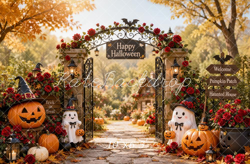 Kate Halloween Rose Garden Gate Ghosts Pumpkin Lanterns Printed Backdrop Designed by Emetselch