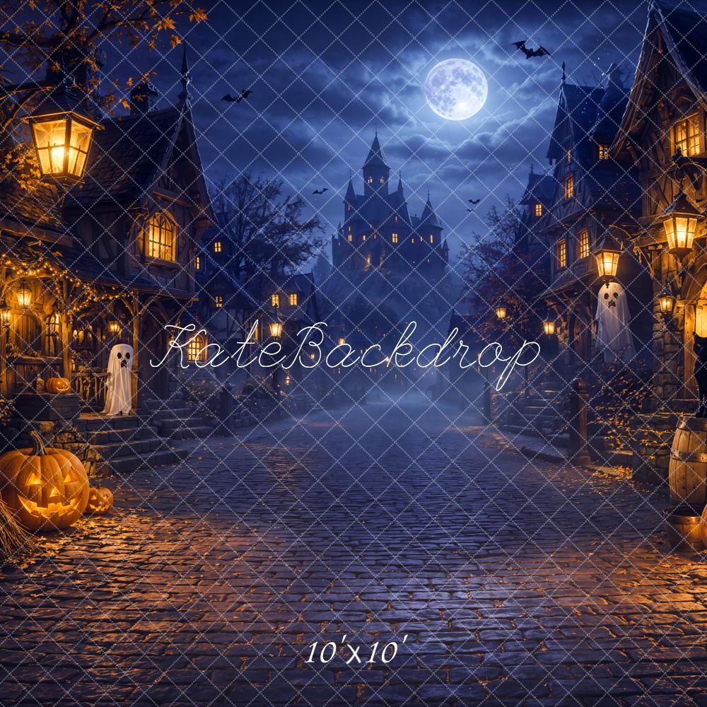 Kate Halloween Night Blue Moonlit Haunted Village Jack-O-Lanterns Printed Backdrop Designed by Chain Photography