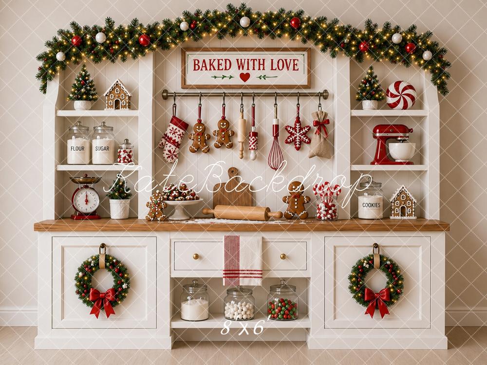 Kate Christmas Baking White Kitchen Cabinet Printed Backdrop Designed by Caitlin Lynch