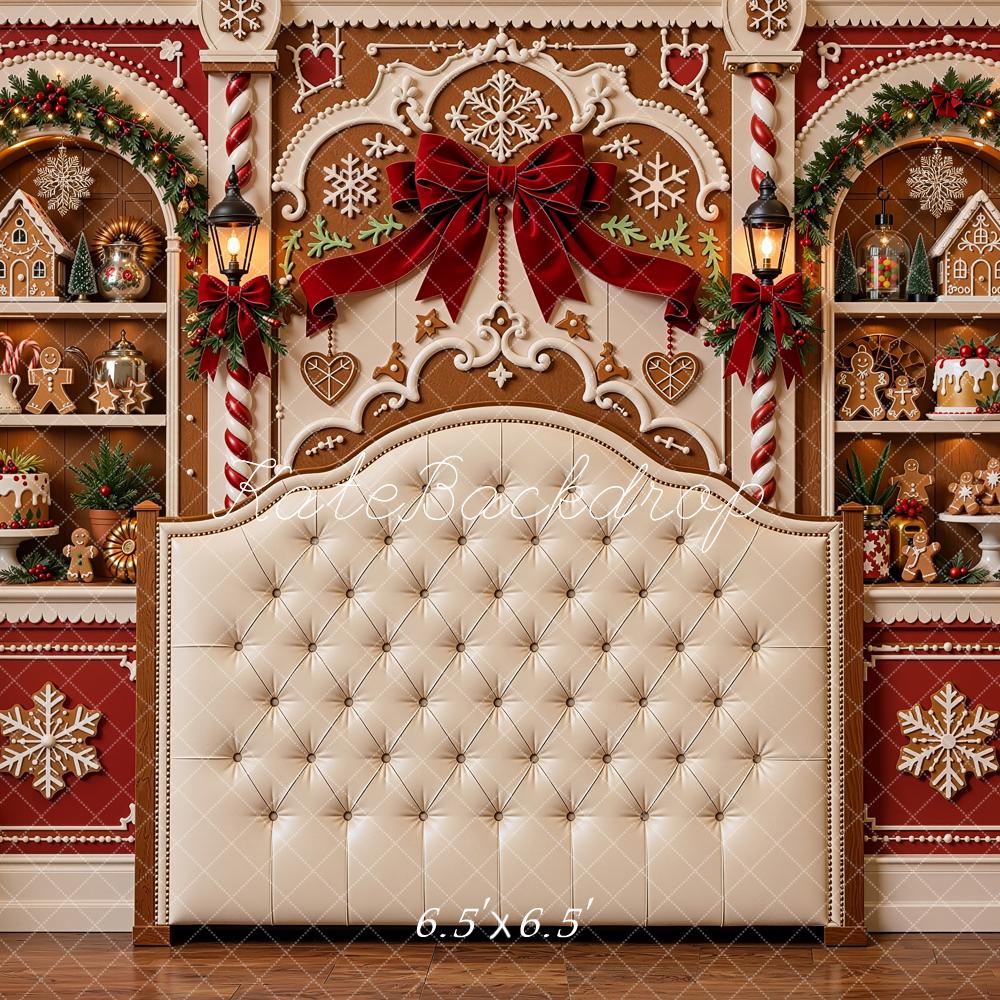 Kate Christmas Gingerbread Headboard Trees Shelves Bow Printed Backdrop Designed by Shutter Swan Studios